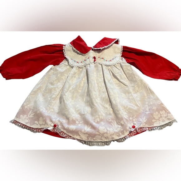 MAYFAIR vintage twirl toddler 24m Red Pinny Christmas cottage Pinafore dress 70s - Picture 6 of 12
